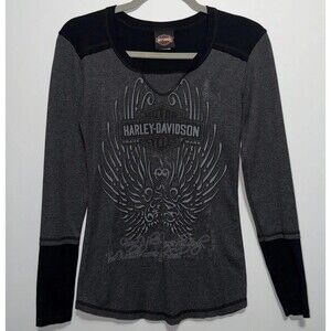Harley Davidson Women's Gray and Black Long Sleeve Graphic Print Tshirt Size S